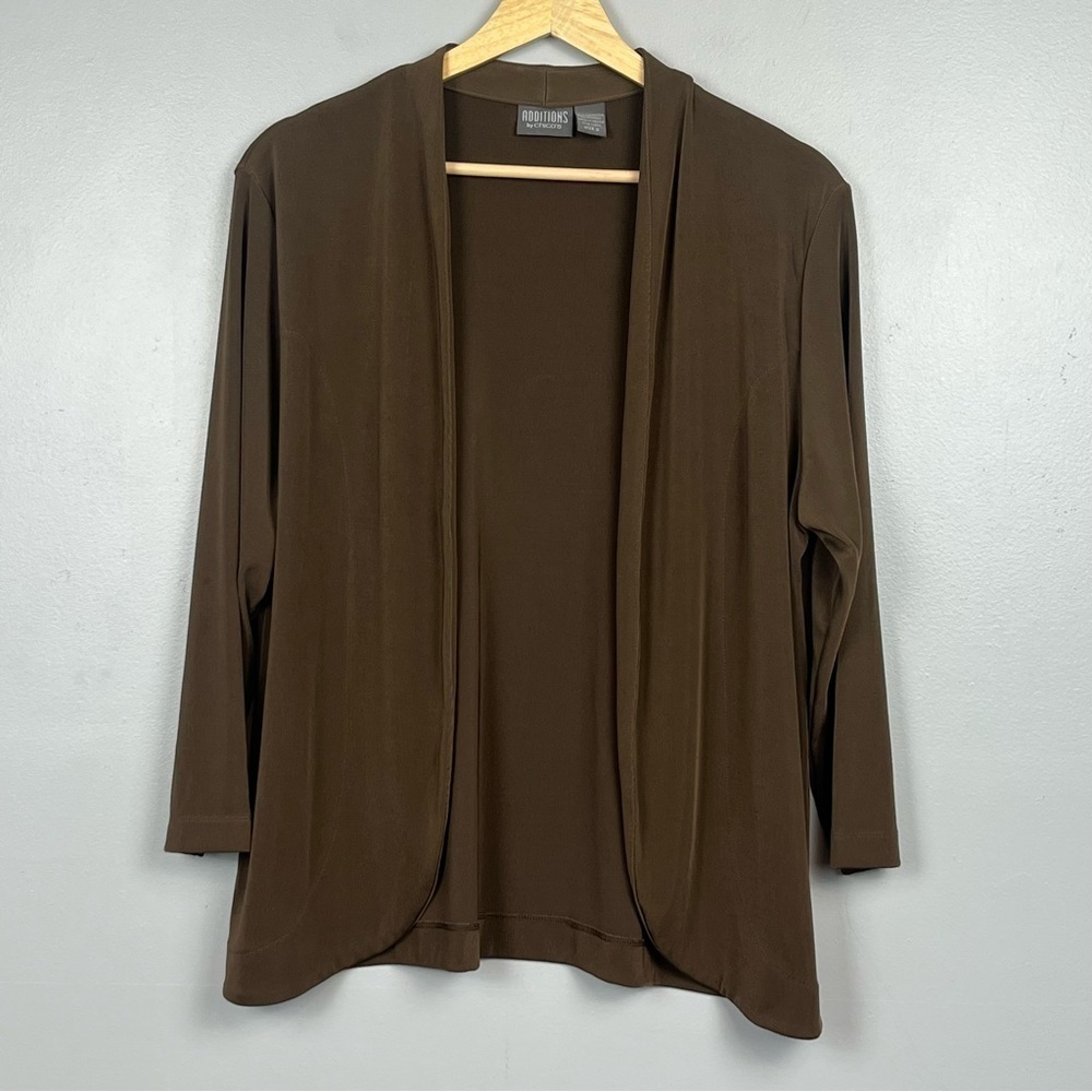Additions by Chico’s brown slinky knit open front 3/4 sleeve cardigan, large.